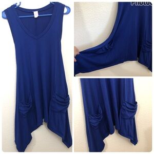 SODA BLU Blue Sleeveless V-Neck T-Shirt Tunic Pockets Asymmetrical